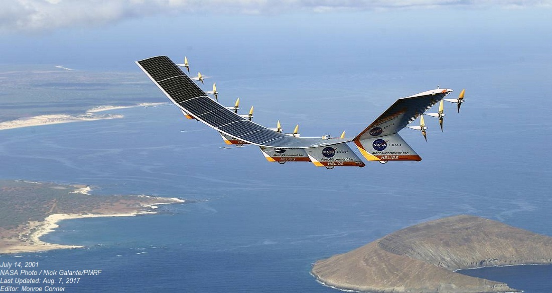 The autonomous, solar powered, flying wing Helios flies over the islands of Hawaii during a test flight. The Helios project set new record for longest sustained flight and highest altitude flight thanks to the solar panels which cover the length of its flying wing design.